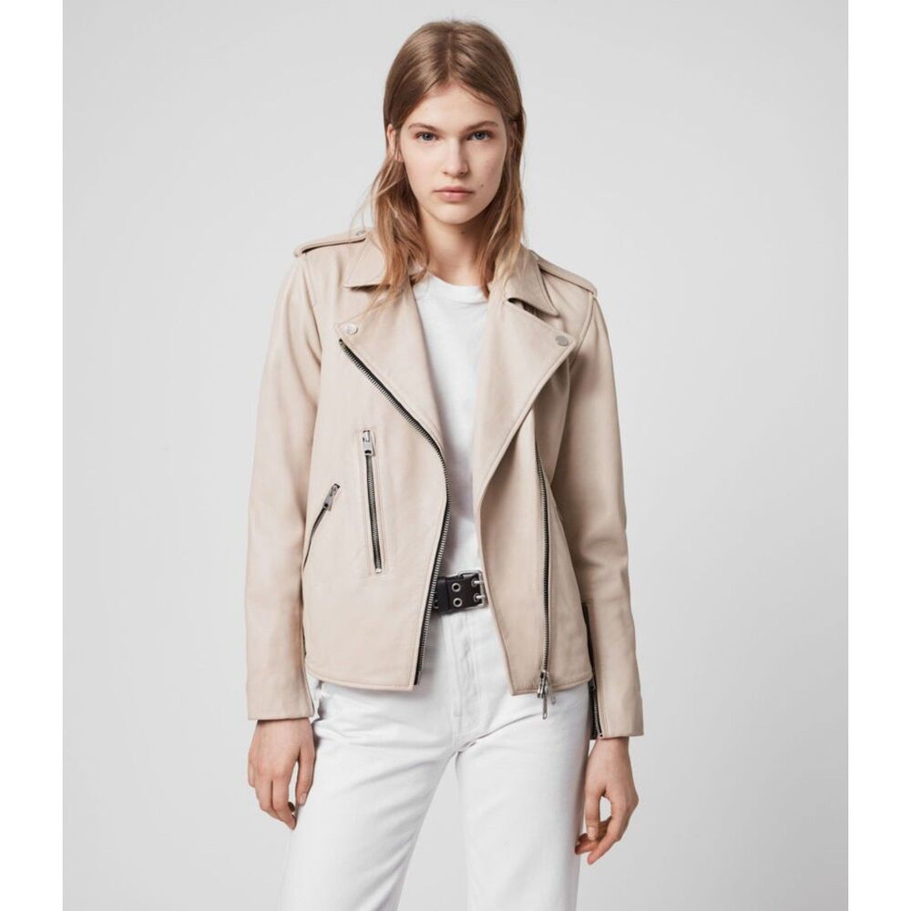 AllSaints Womens Dalby Sheep Leather Biker Jacket Bomber Pale Pink UK8 US 4 Auth